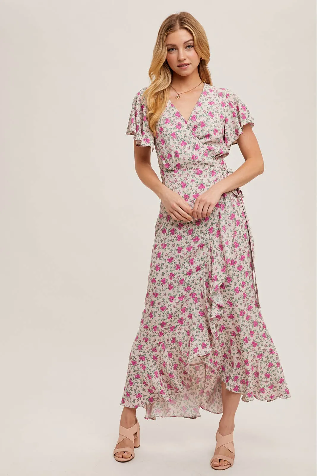 FLORAL PRINT RUFFLED HEM WRAP MAXI DRESS