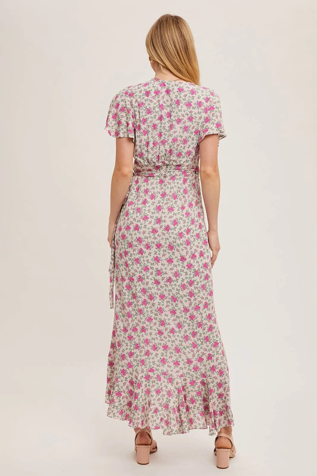 FLORAL PRINT RUFFLED HEM WRAP MAXI DRESS