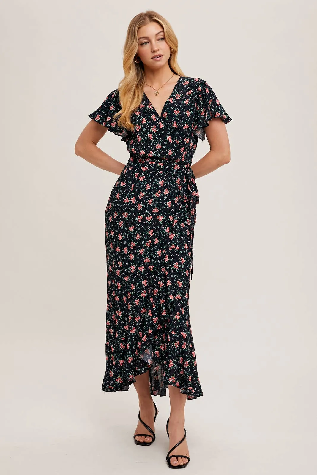 FLORAL PRINT RUFFLED HEM WRAP MAXI DRESS