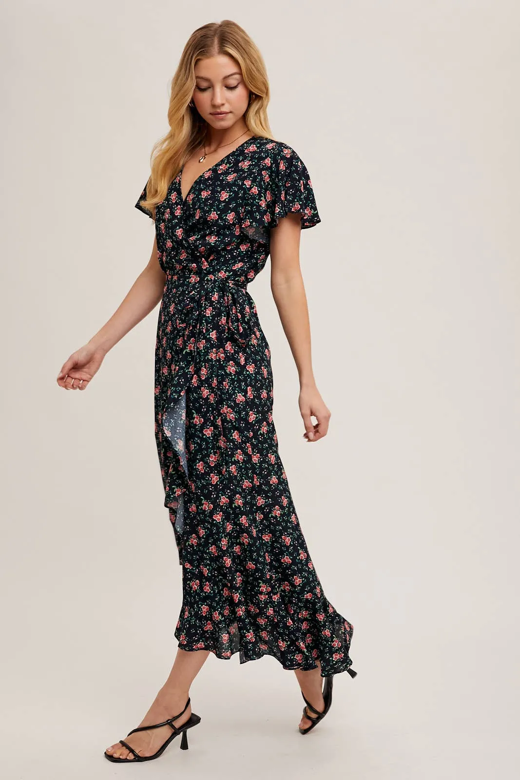 FLORAL PRINT RUFFLED HEM WRAP MAXI DRESS