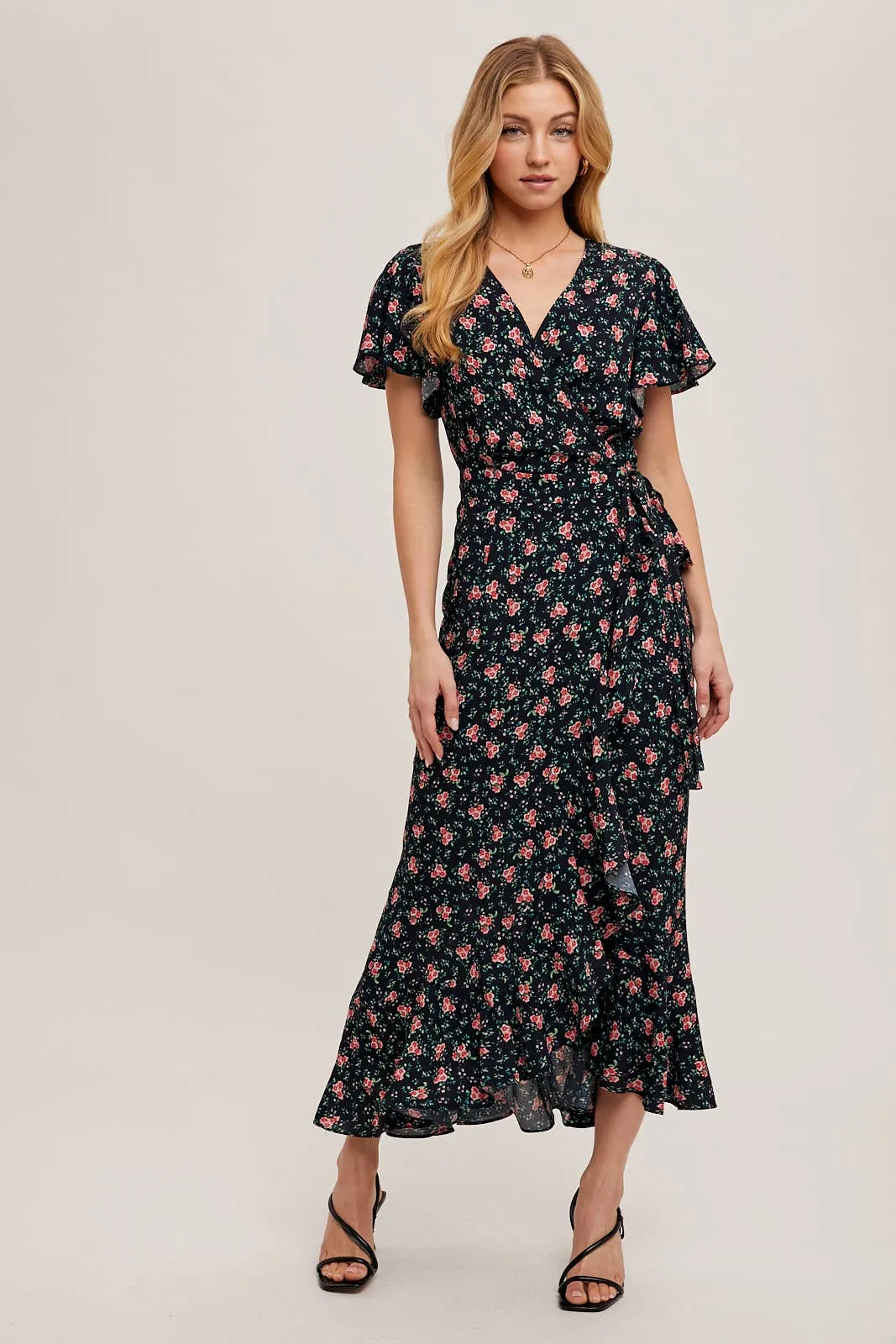 FLORAL PRINT RUFFLED HEM WRAP MAXI DRESS