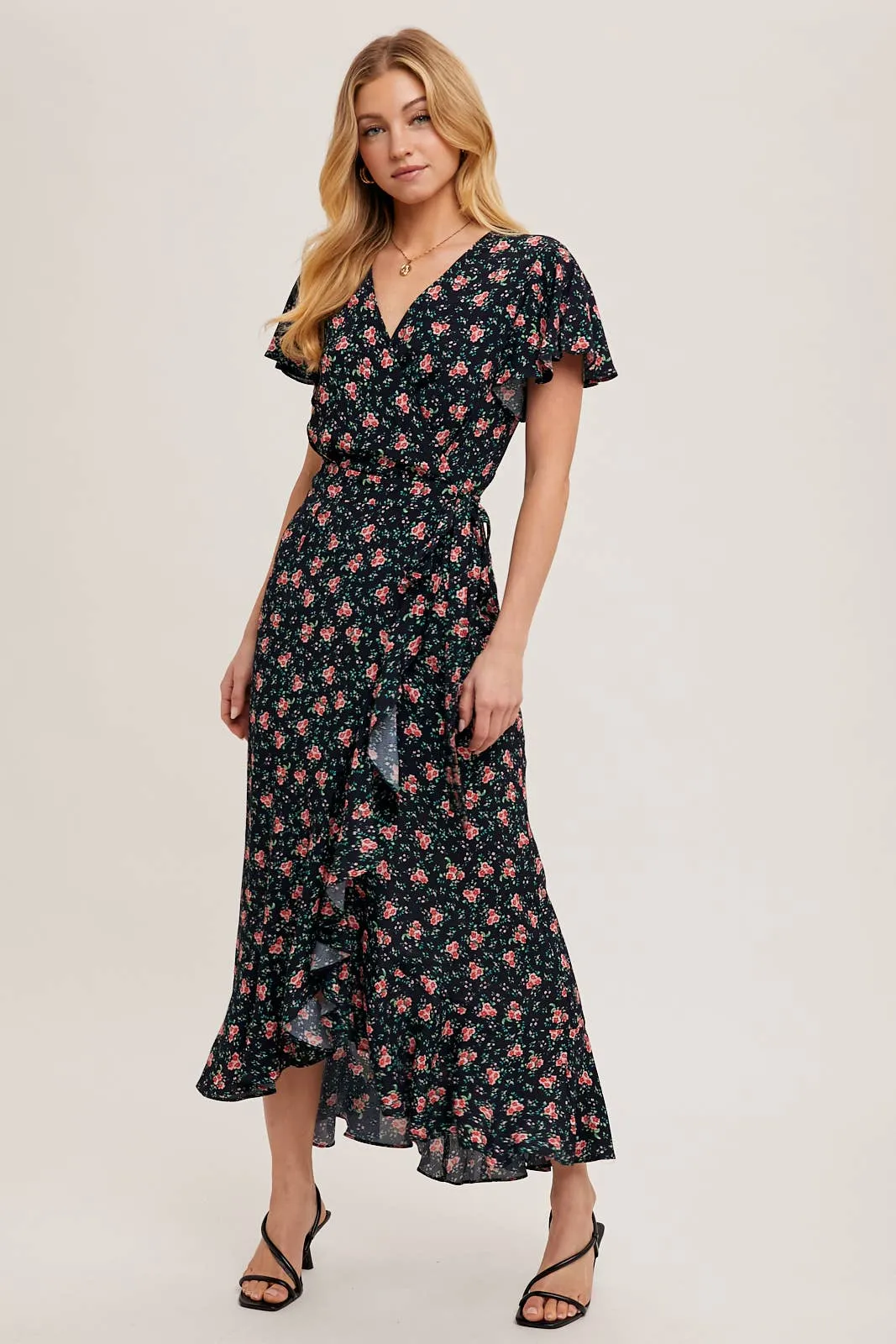 FLORAL PRINT RUFFLED HEM WRAP MAXI DRESS