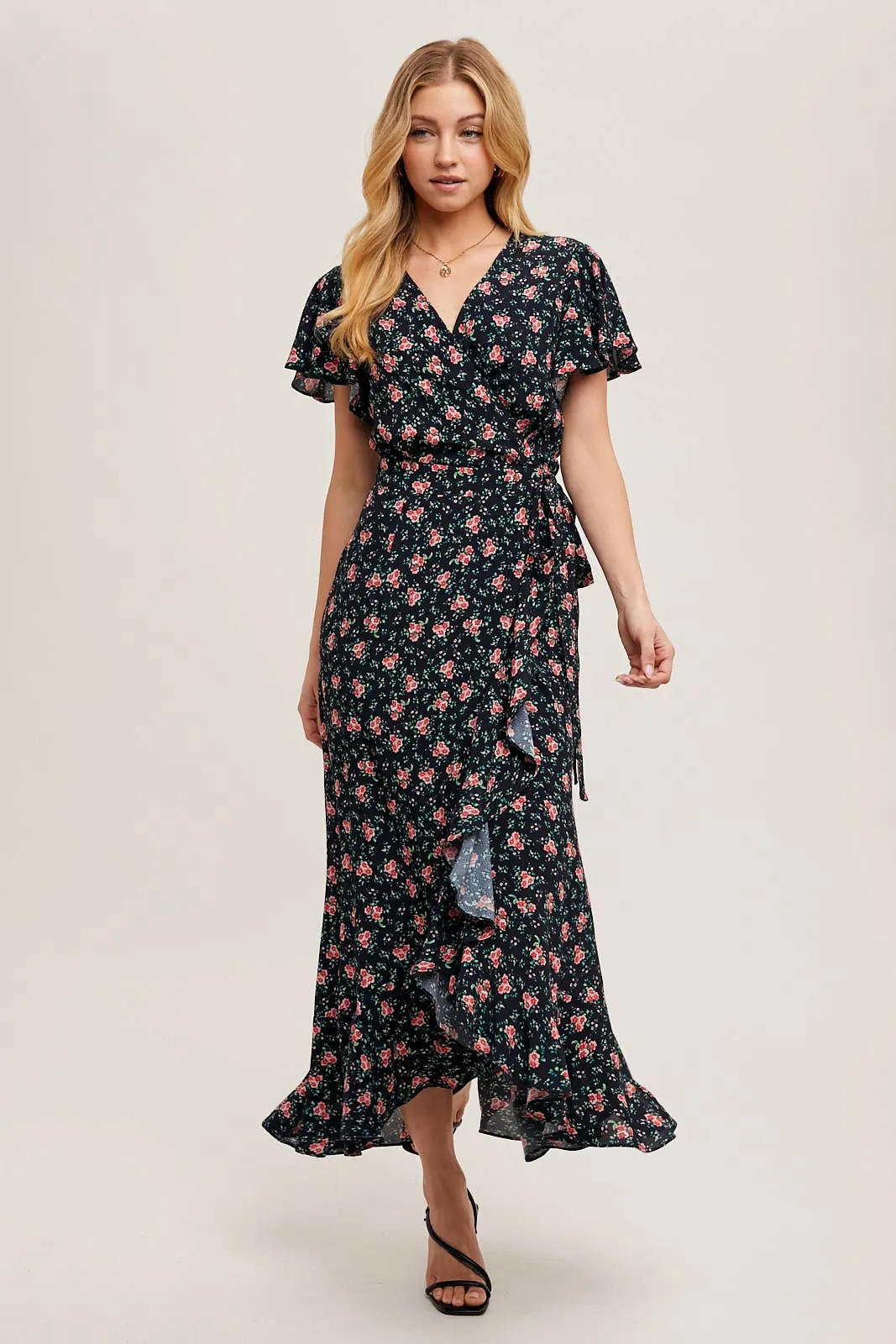 FLORAL PRINT RUFFLED HEM WRAP MAXI DRESS