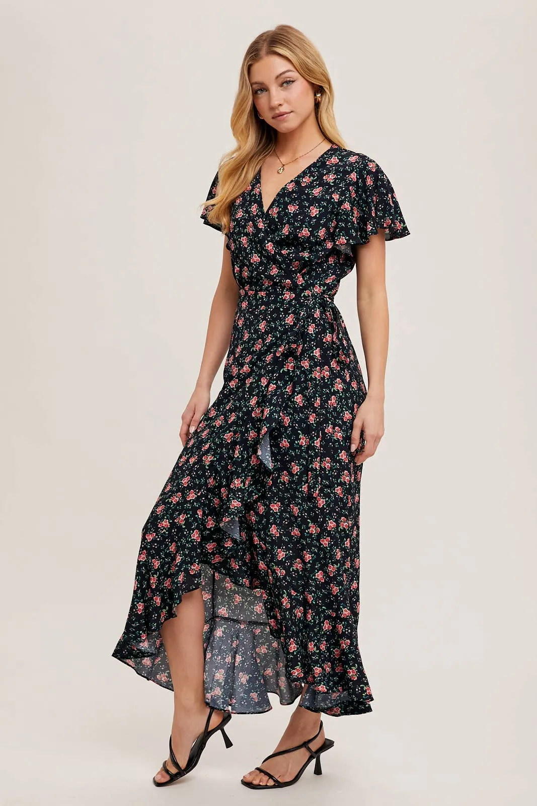 FLORAL PRINT RUFFLED HEM WRAP MAXI DRESS