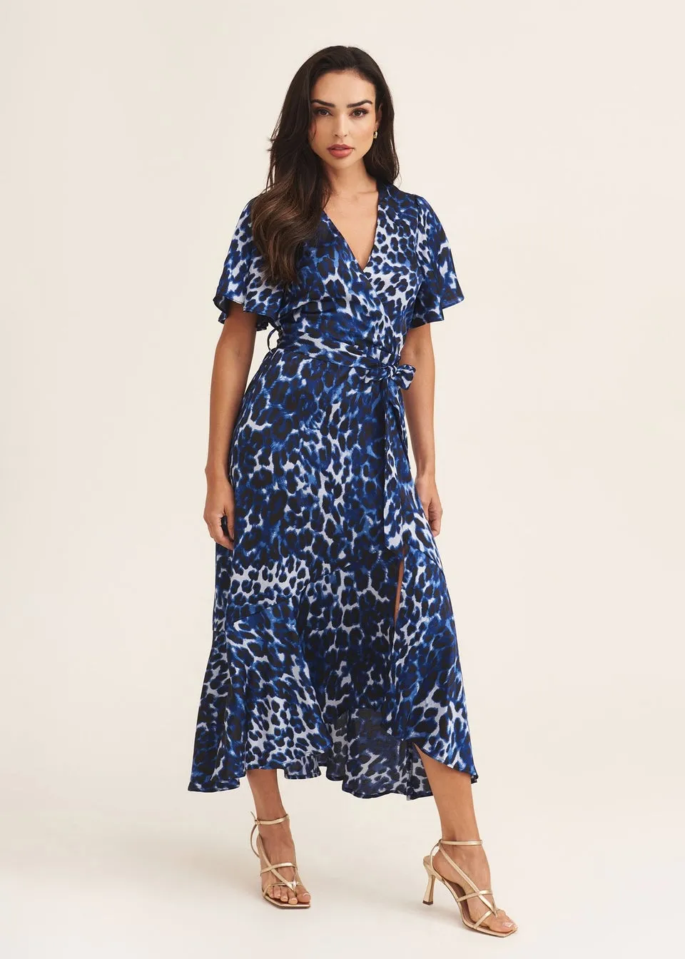 Gini London Blue Animal Print Angel Sleeve Midi Wrap Dress