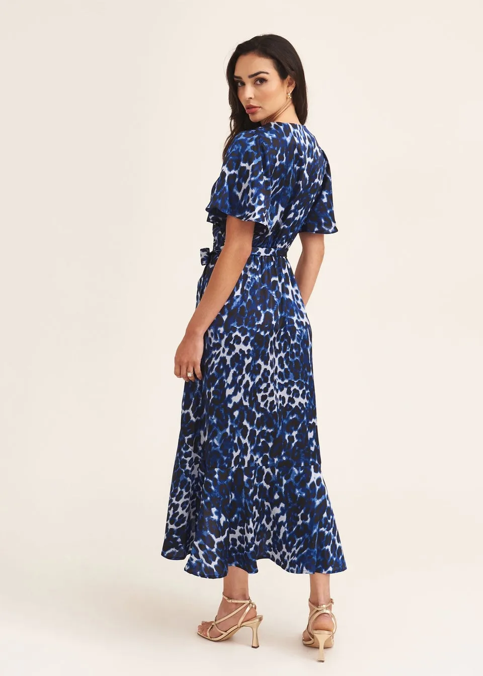 Gini London Blue Animal Print Angel Sleeve Midi Wrap Dress