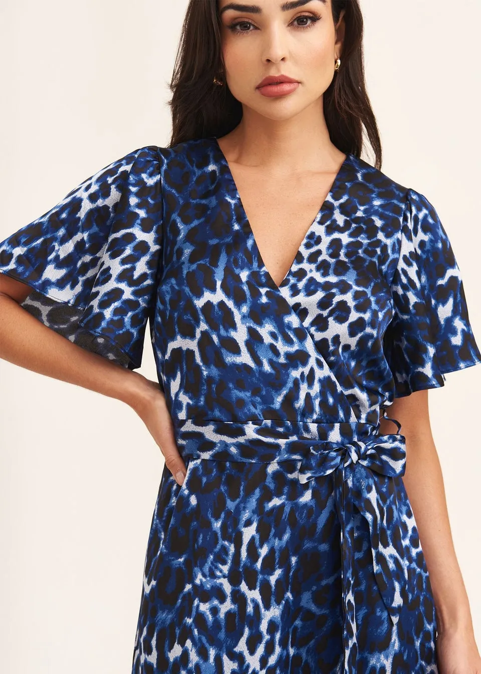 Gini London Blue Animal Print Angel Sleeve Midi Wrap Dress