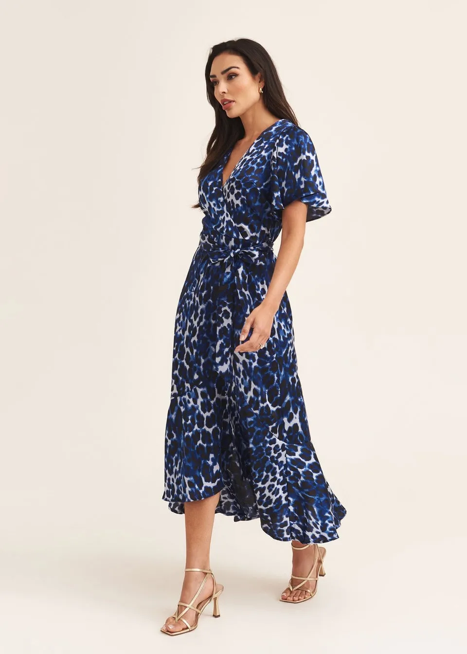 Gini London Blue Animal Print Angel Sleeve Midi Wrap Dress