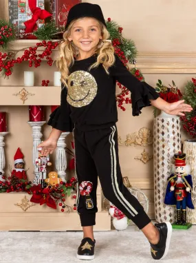 Girls Sequin Winky Face Ruffle Sleeve Pullover Sweatshirt and Jogger Set