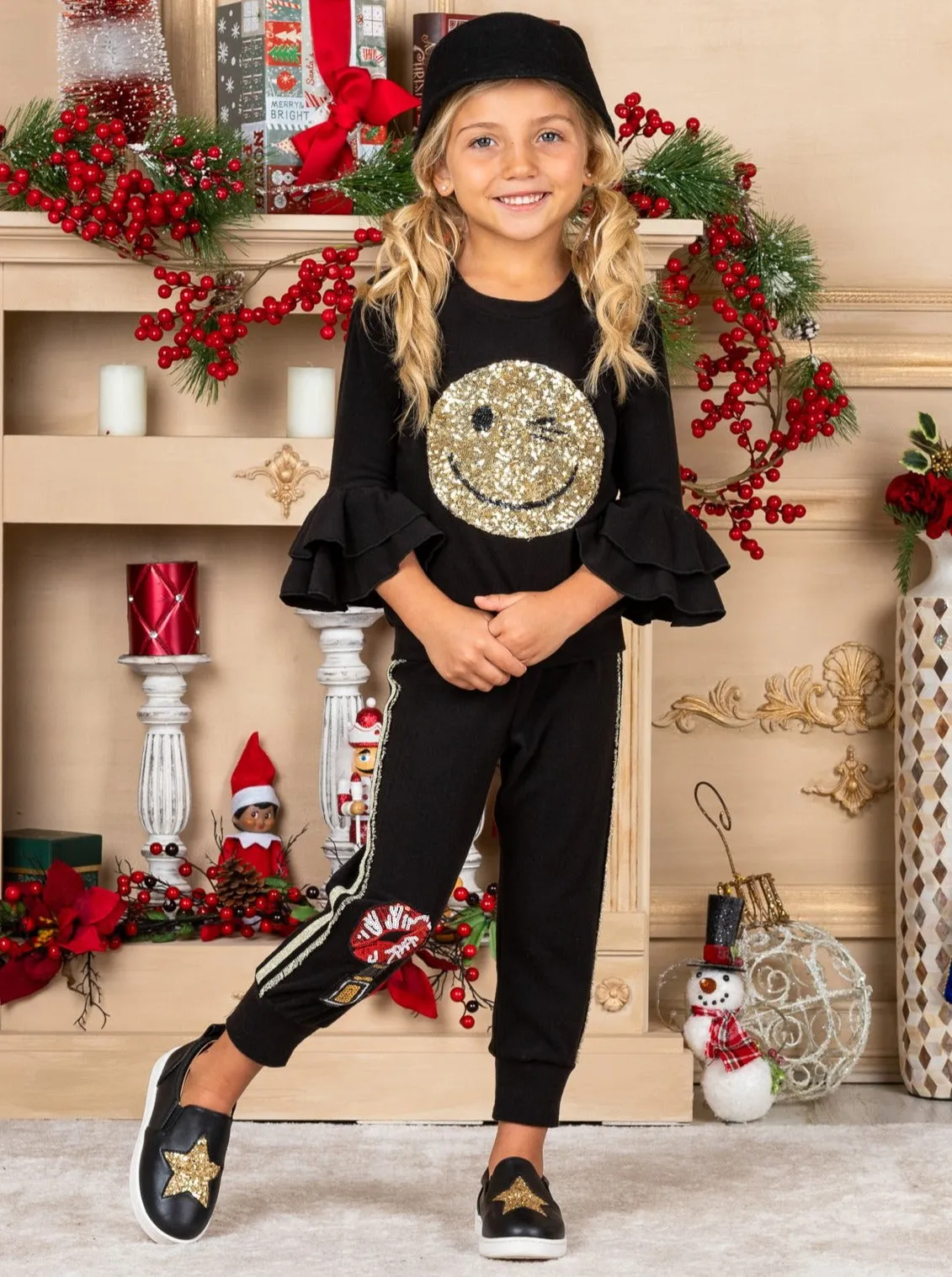 Girls Sequin Winky Face Ruffle Sleeve Pullover Sweatshirt and Jogger Set