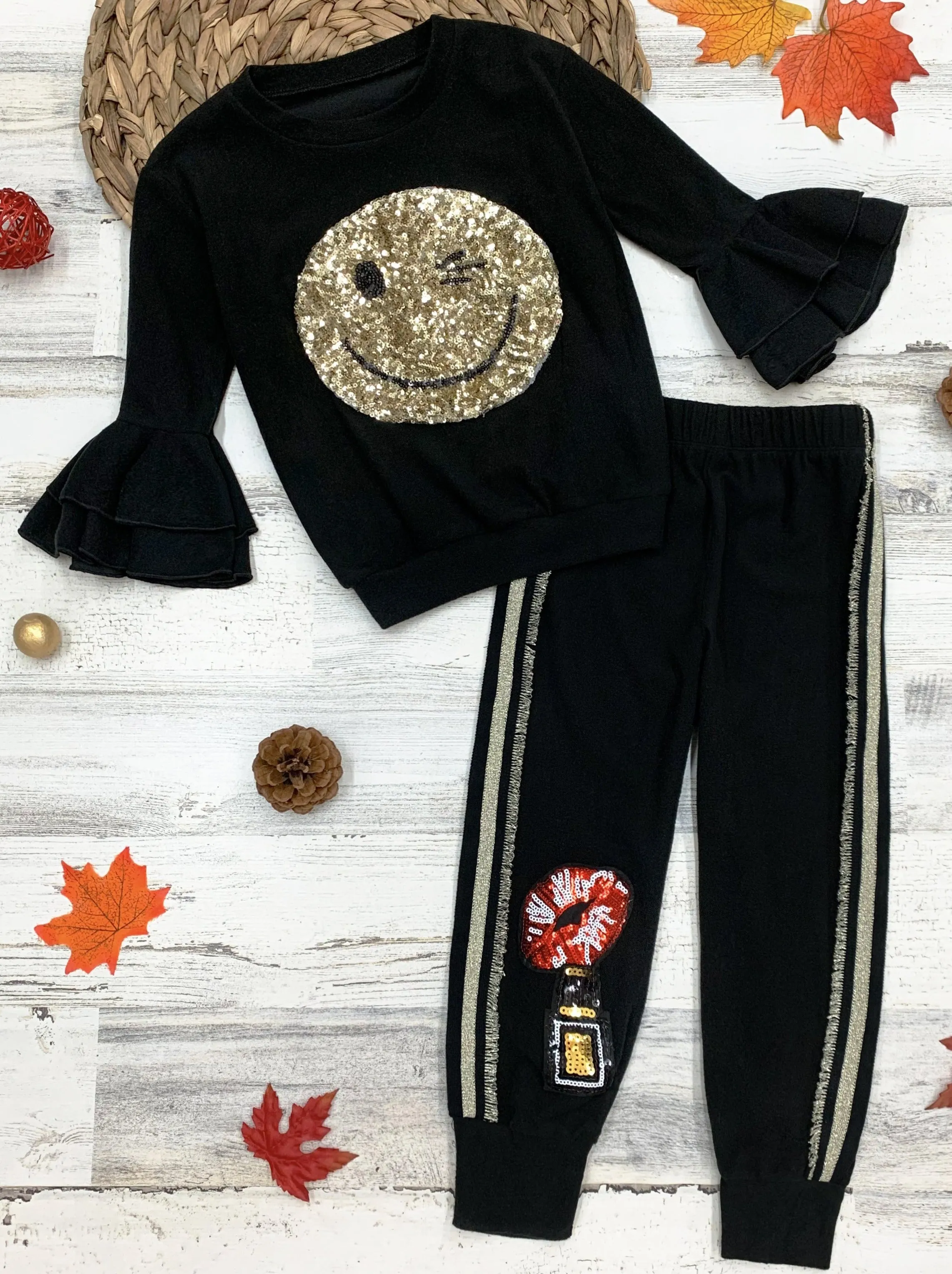 Girls Sequin Winky Face Ruffle Sleeve Pullover Sweatshirt and Jogger Set