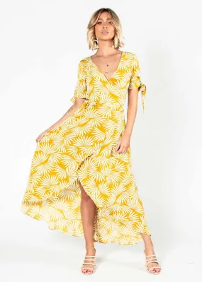 Golden Rule Wrap Midi Dress - Mustard Palms