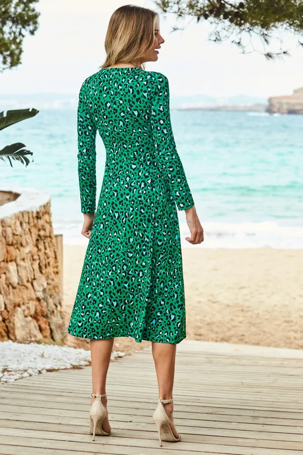 Green Leopard Print Wrap Front Midi Jersey Dress