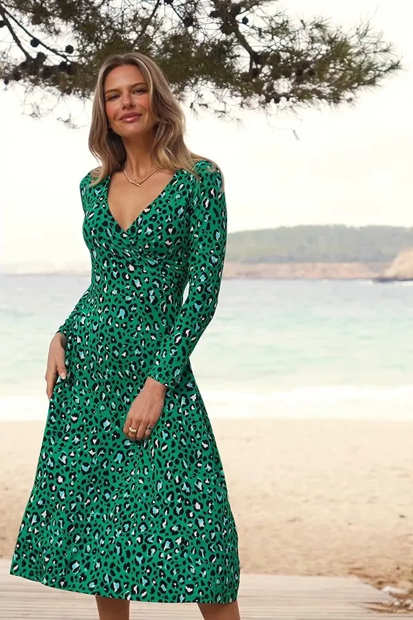 Green Leopard Print Wrap Front Midi Jersey Dress