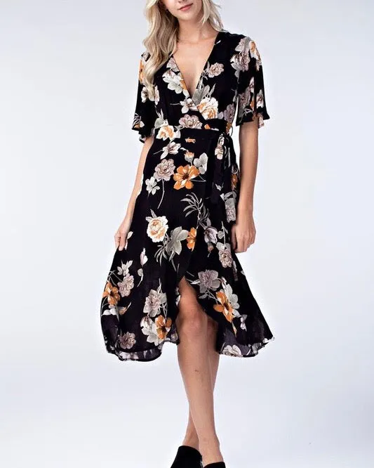 Honey Belle - Floral Wrap Dress in Black/Multi