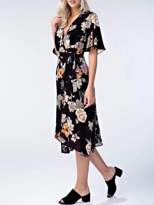 Honey Belle - Floral Wrap Dress in Black/Multi