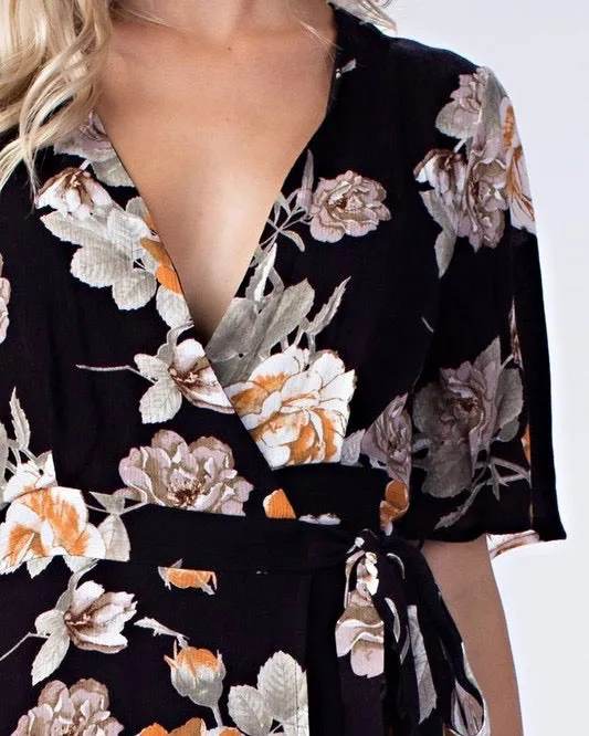 Honey Belle - Floral Wrap Dress in Black/Multi