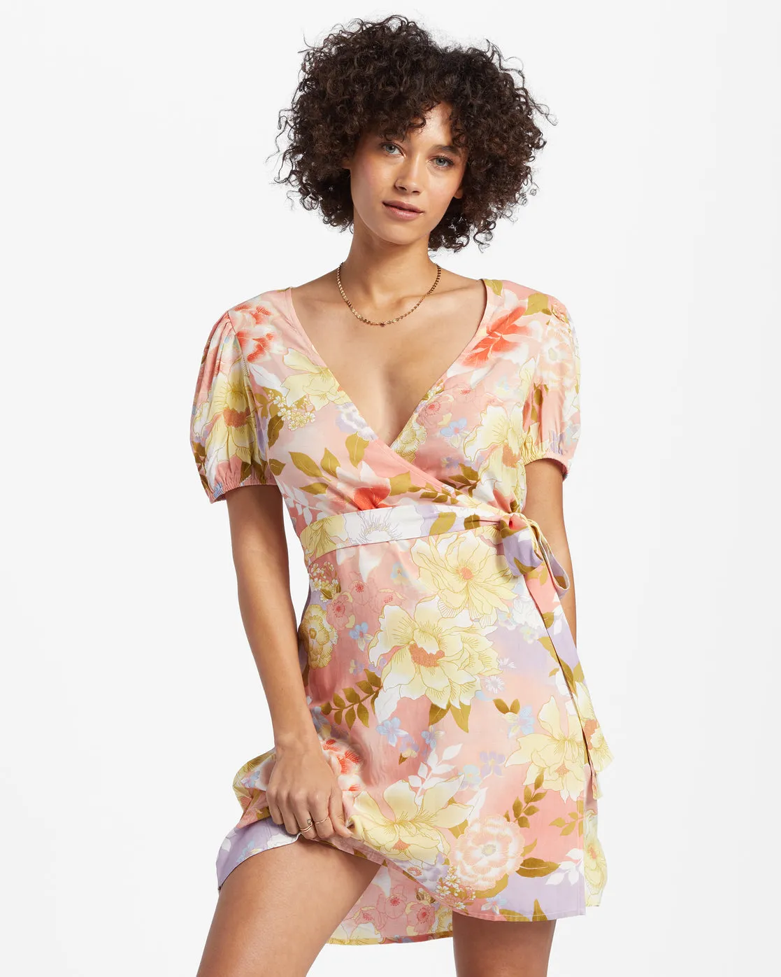 Hot Tropics Mini Wrap Dress - Sweet Peach