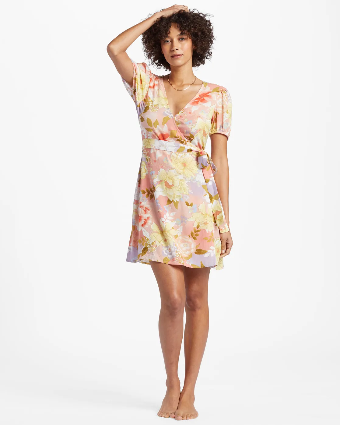 Hot Tropics Mini Wrap Dress - Sweet Peach