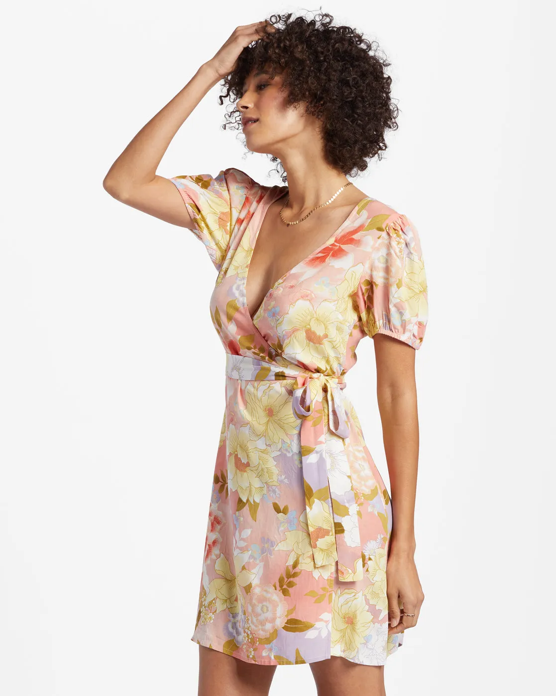 Hot Tropics Mini Wrap Dress - Sweet Peach