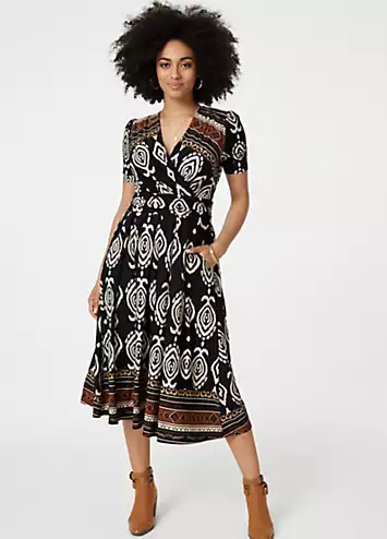 Izabel London Black & White Printed Short Sleeve Pleated Wrap Dress | Grattan