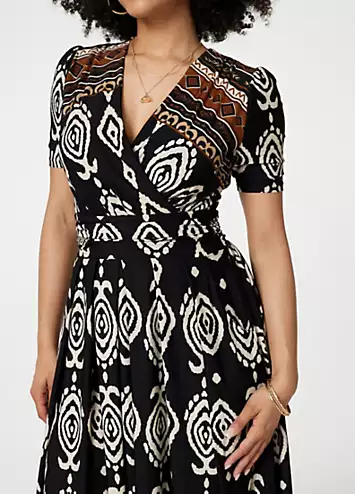 Izabel London Black & White Printed Short Sleeve Pleated Wrap Dress | Grattan