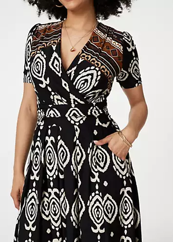 Izabel London Black & White Printed Short Sleeve Pleated Wrap Dress | Grattan