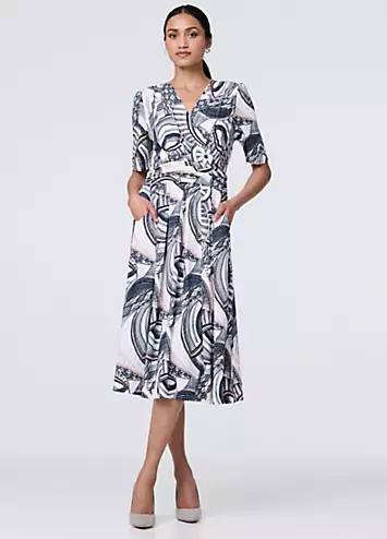 Izabel London Multi Navy Printed Short Sleeve Knee Length Wrap Dress | Grattan