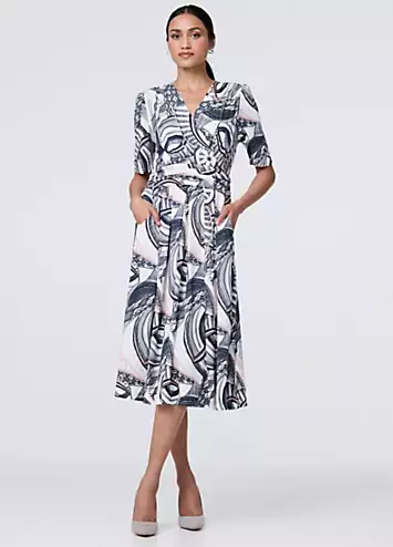 Izabel London Multi Navy Printed Short Sleeve Knee Length Wrap Dress | Grattan