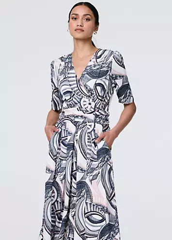 Izabel London Multi Navy Printed Short Sleeve Knee Length Wrap Dress | Grattan