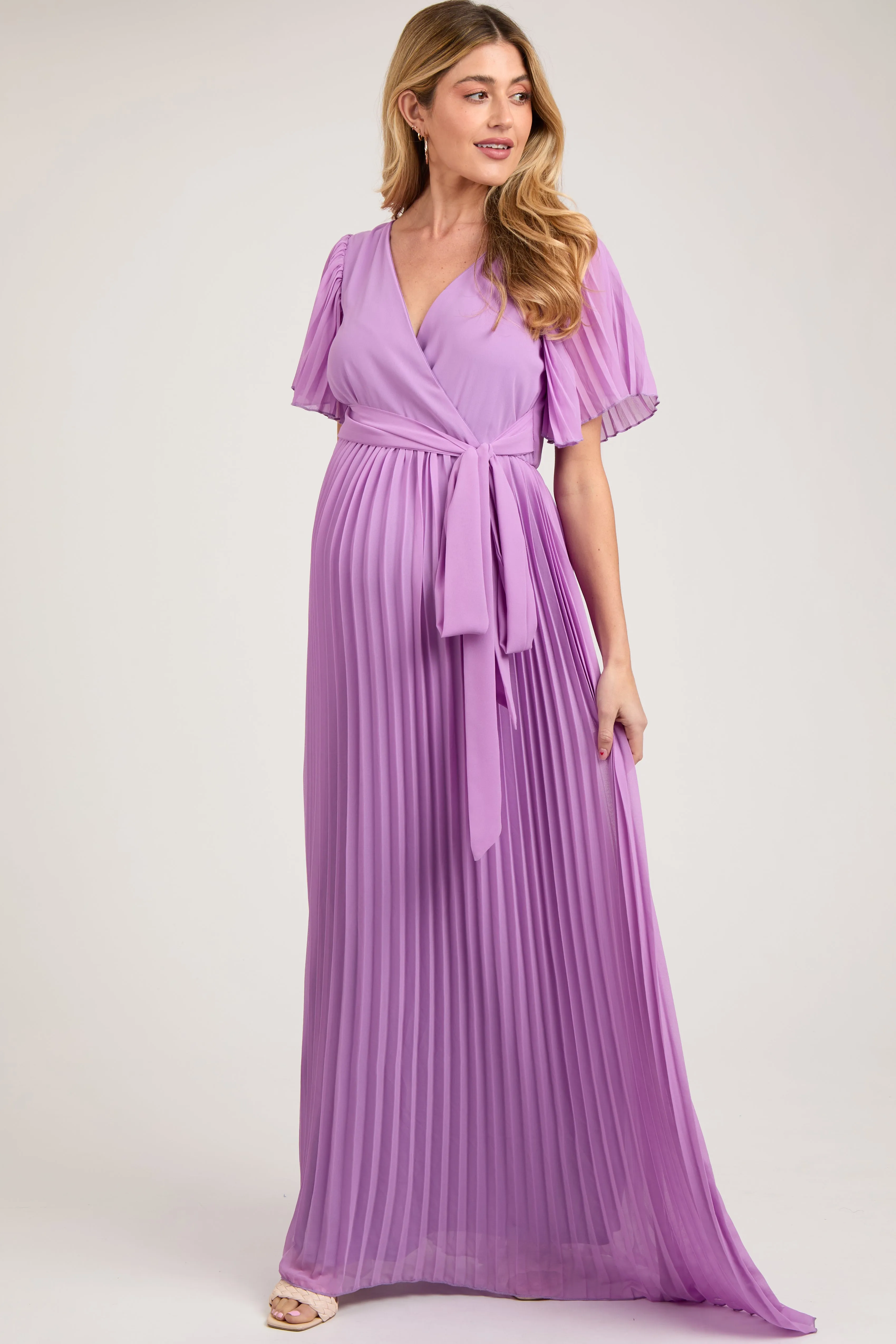 Lavender Chiffon Wrap Front V-Neck Short Sleeve Pleated Maternity Maxi Dress