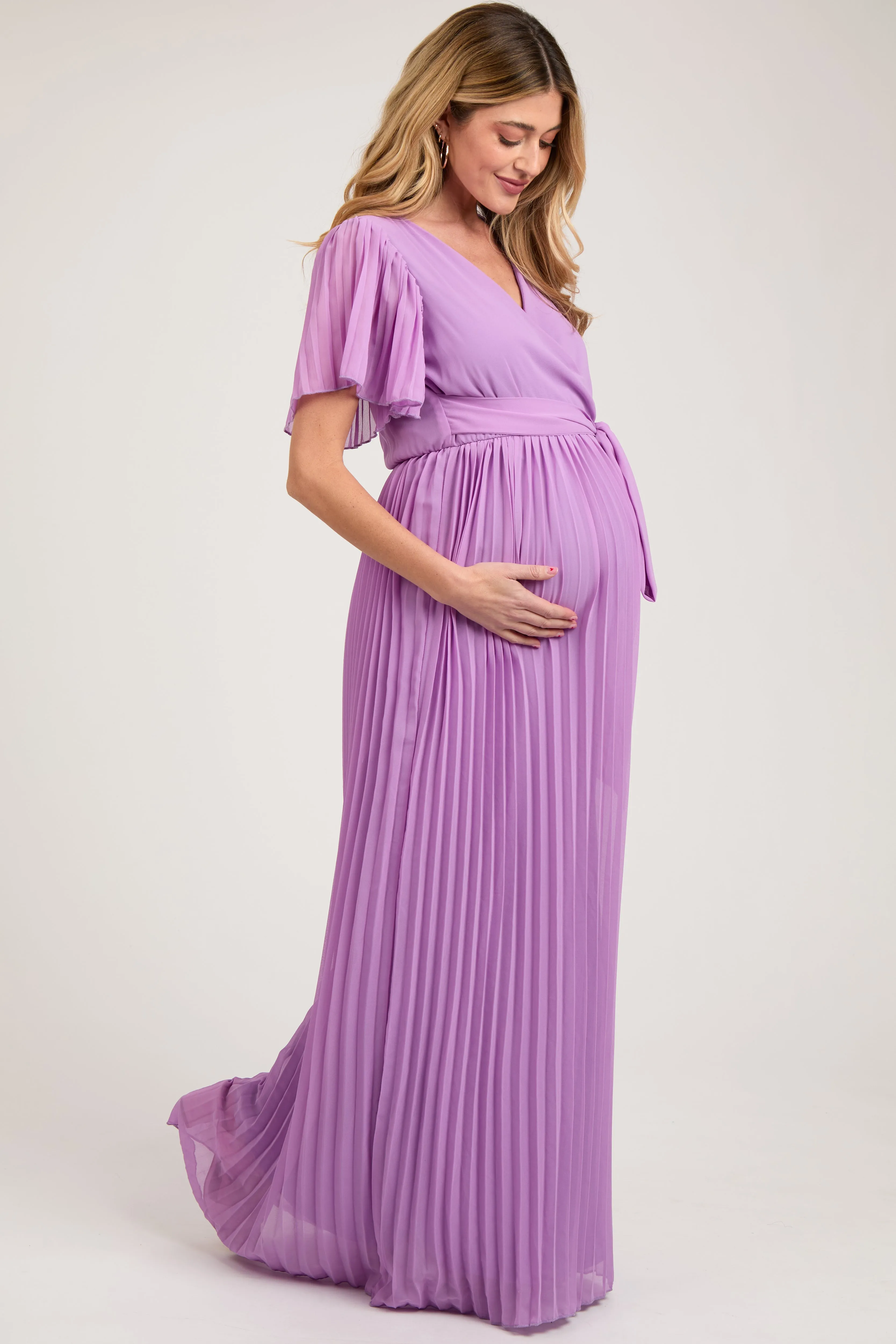 Lavender Chiffon Wrap Front V-Neck Short Sleeve Pleated Maternity Maxi Dress