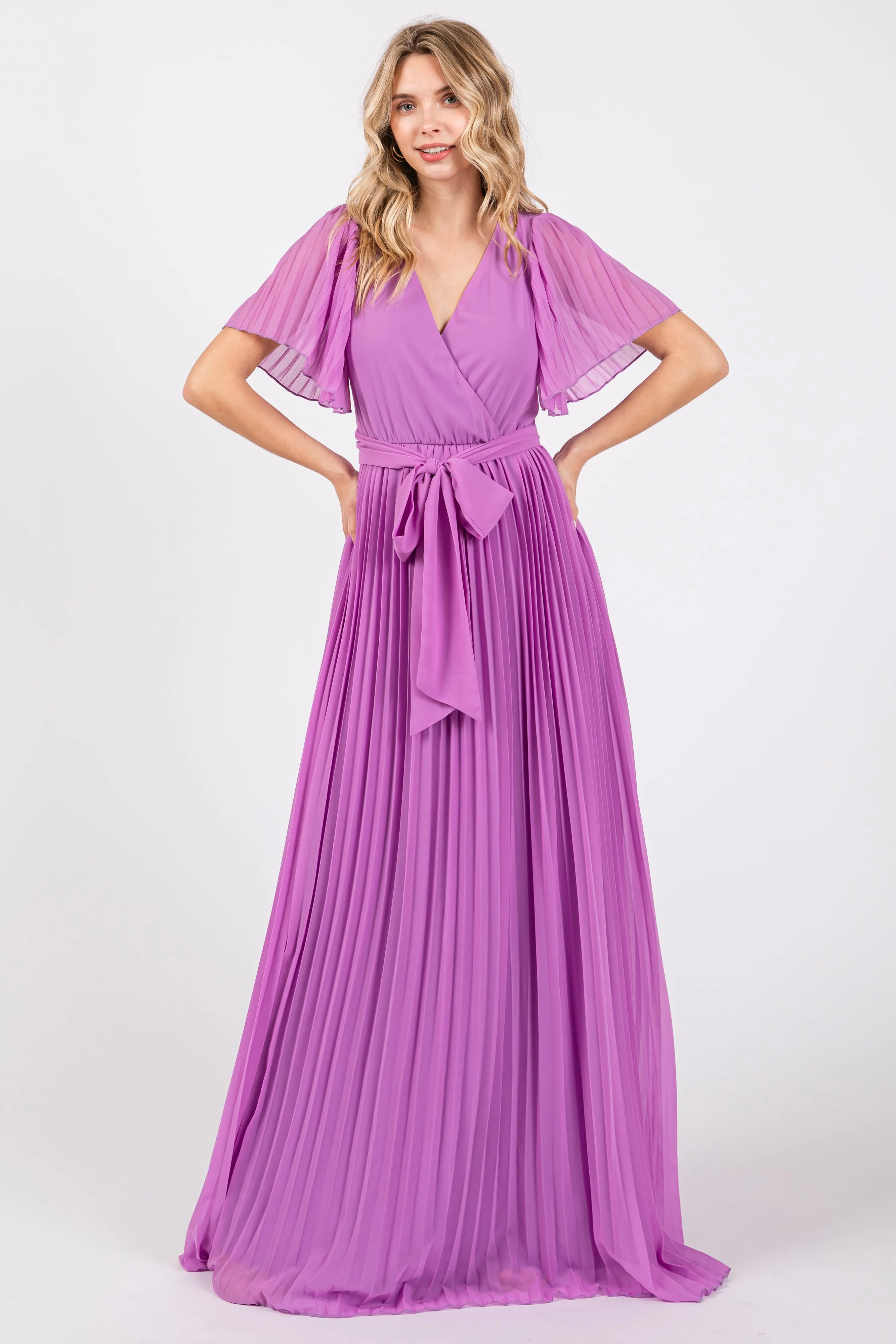 Lavender Chiffon Wrap Front V-Neck Short Sleeve Pleated Maxi Dress