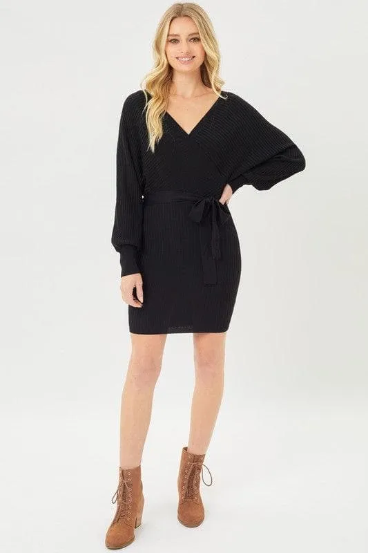 LOVE TREE Off Shoulder Wrap Belted Ribbed Knit Dress