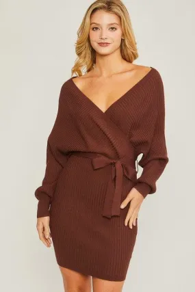 LOVE TREE Off Shoulder Wrap Belted Ribbed Knit Dress