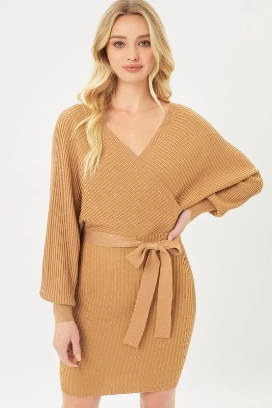 LOVE TREE Off Shoulder Wrap Belted Ribbed Knit Dress