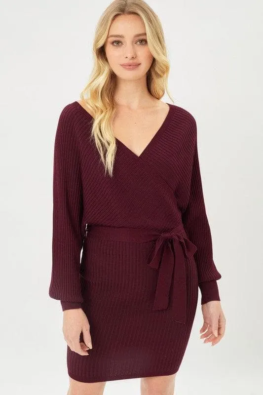 LOVE TREE Off Shoulder Wrap Belted Ribbed Knit Dress