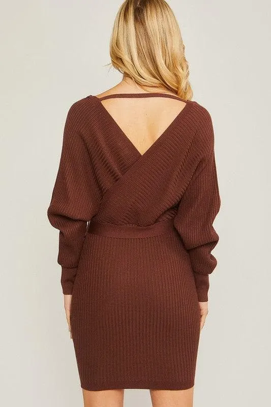 LOVE TREE Off Shoulder Wrap Belted Ribbed Knit Dress