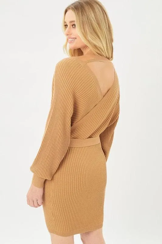 LOVE TREE Off Shoulder Wrap Belted Ribbed Knit Dress