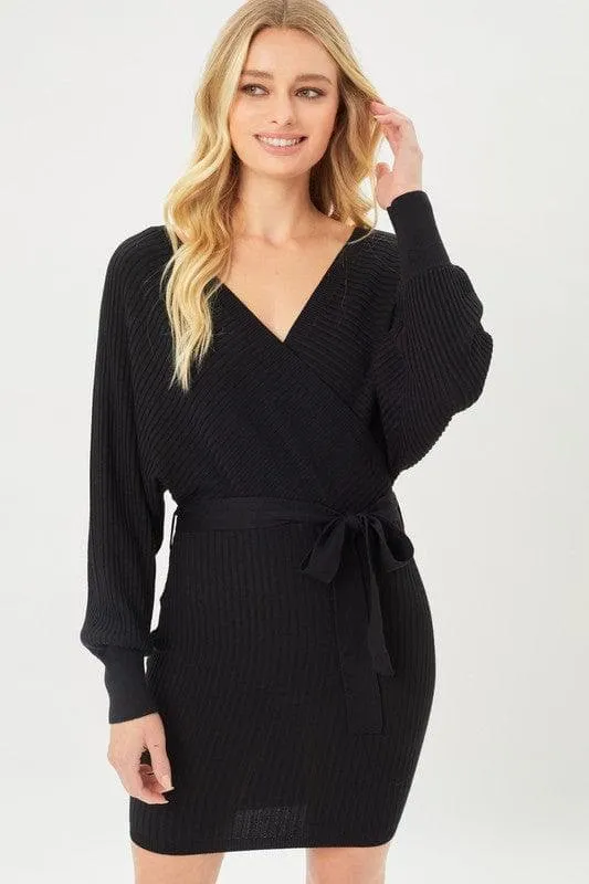 LOVE TREE Off Shoulder Wrap Belted Ribbed Knit Dress