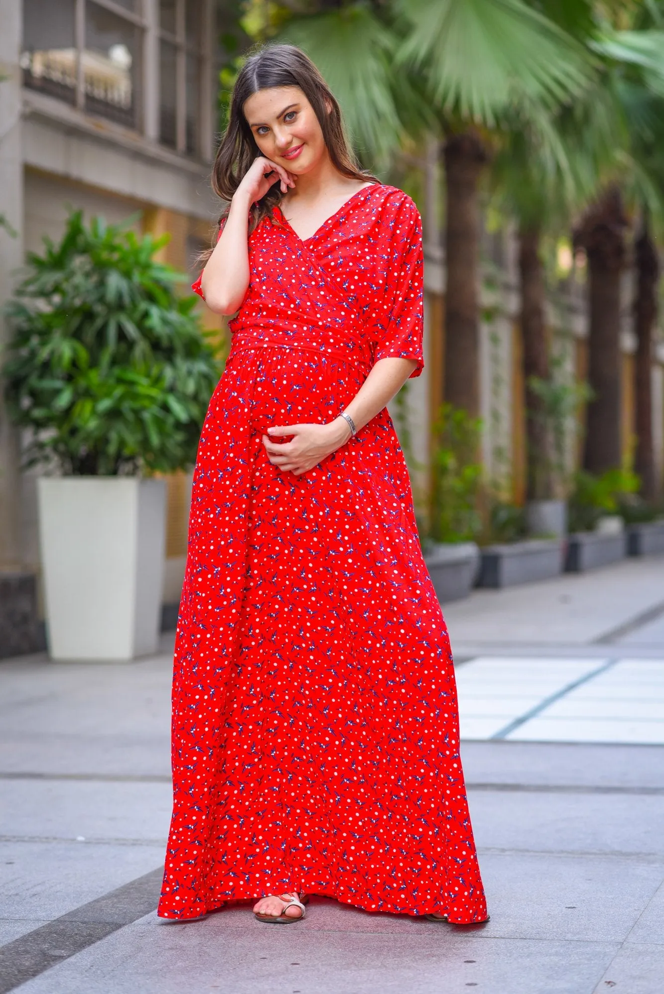 Luxe Red Floral Maternity & Nursing Wrap Dress