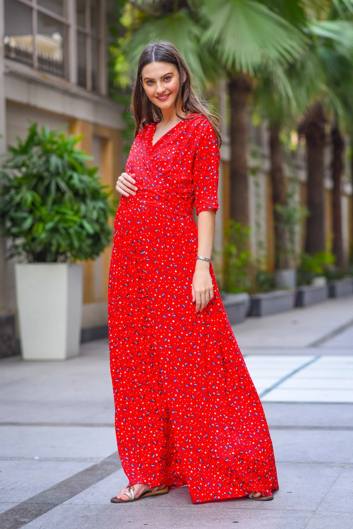 Luxe Red Floral Maternity & Nursing Wrap Dress