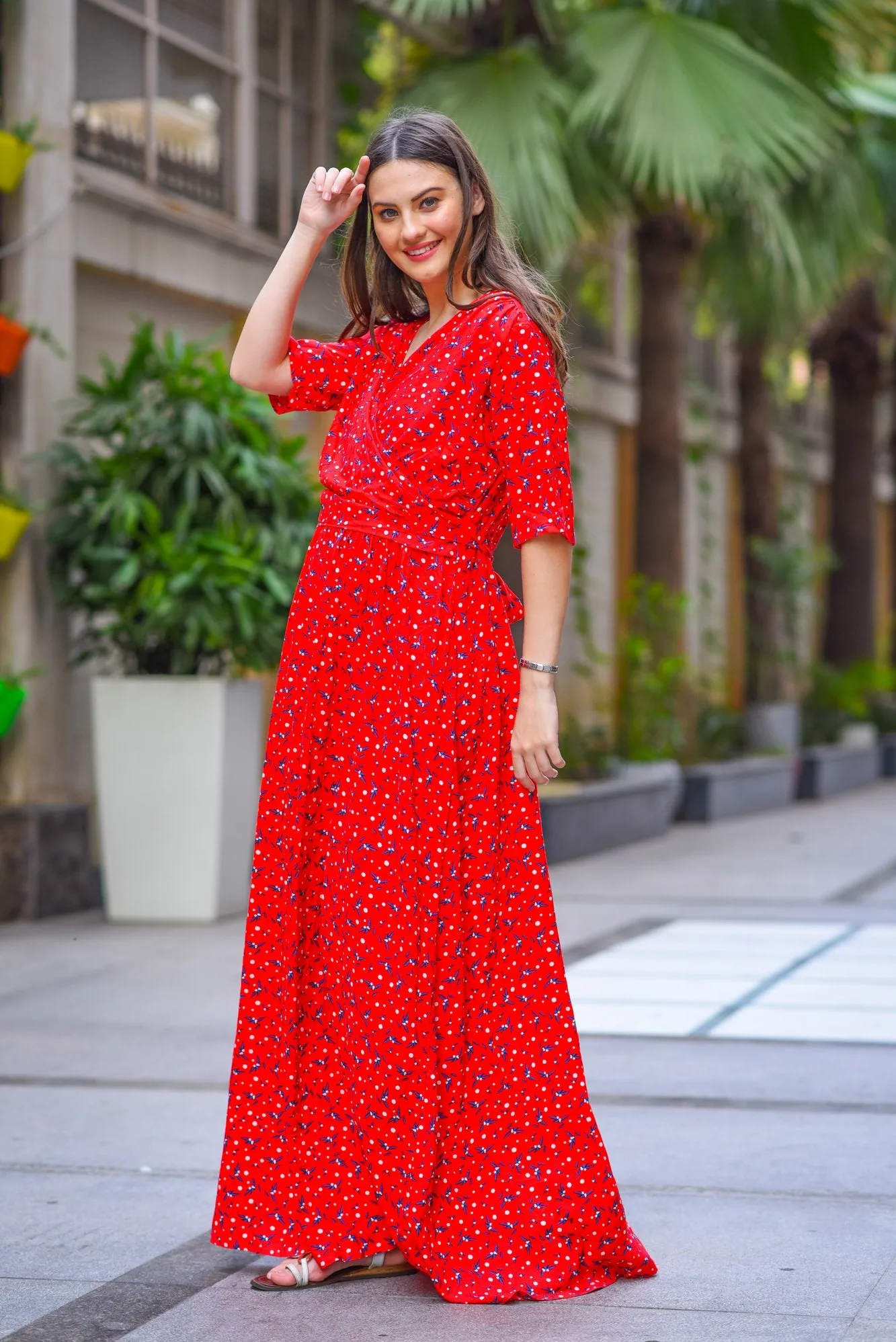 Luxe Red Floral Maternity & Nursing Wrap Dress