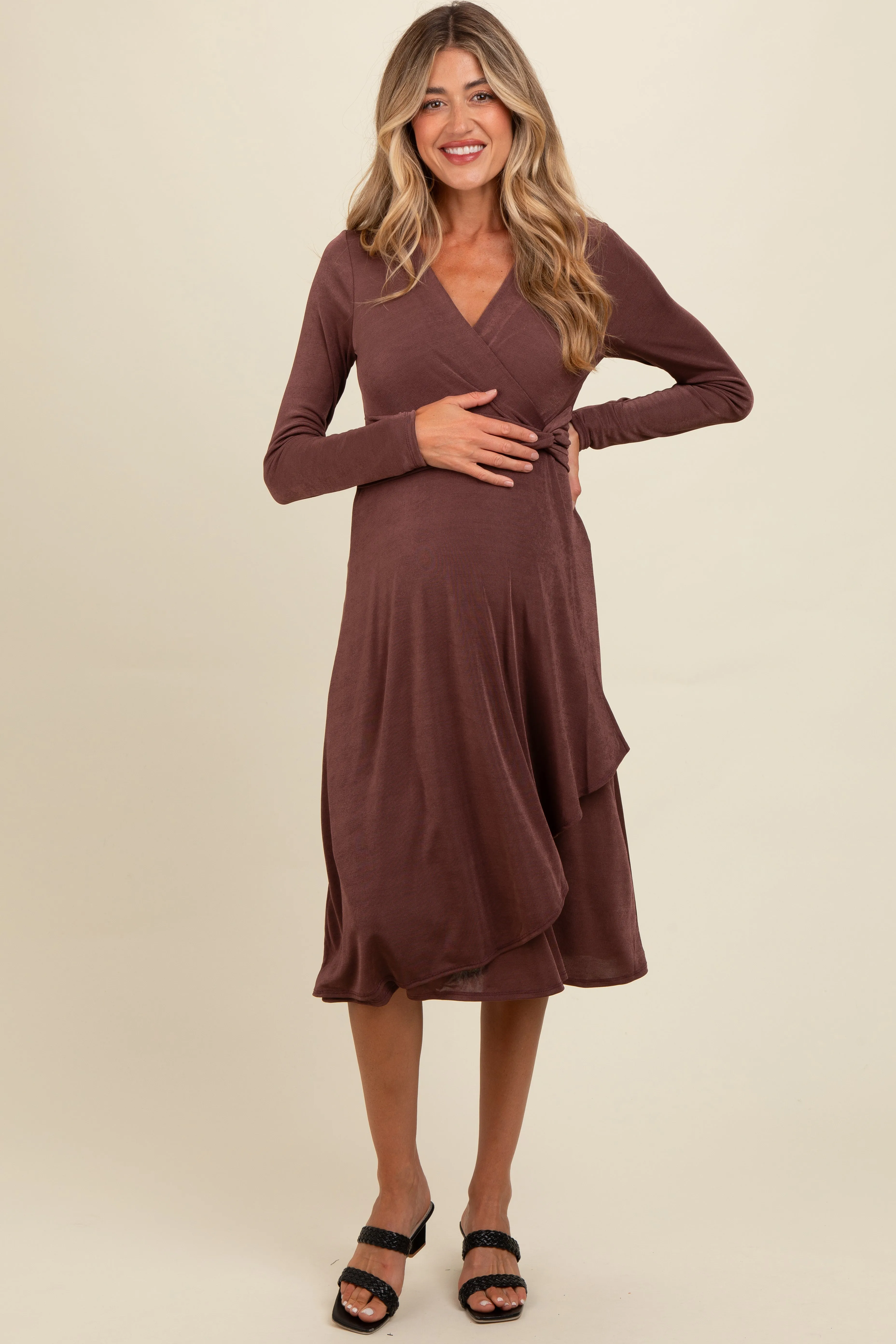 Mauve Metallic Twist Detail Wrap Maternity Midi Dress