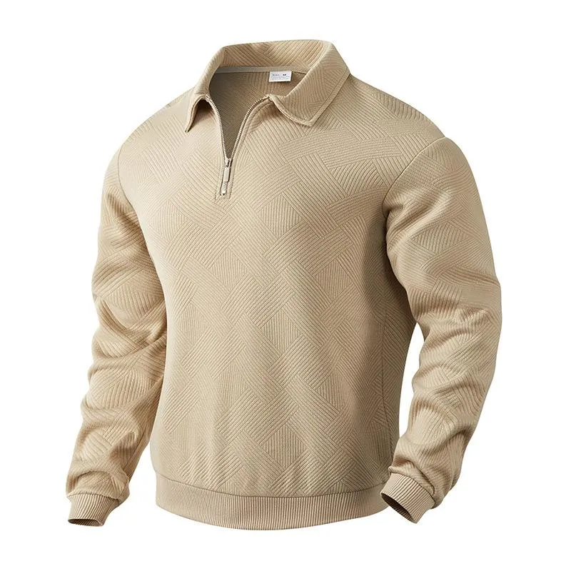 Men's Casual Jacquard Lapel Zipper Loose Long-sleeved Pullover Sweatshirt 34904769M