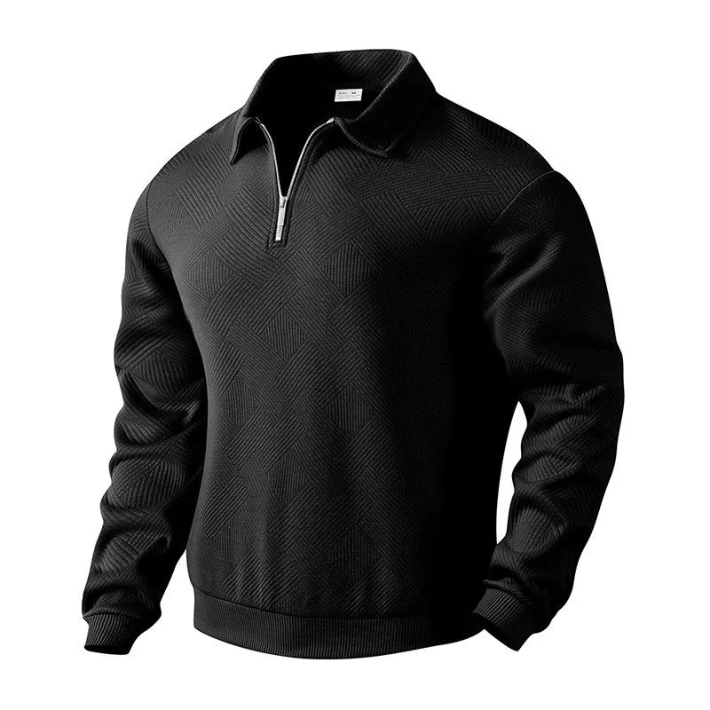 Men's Casual Jacquard Lapel Zipper Loose Long-sleeved Pullover Sweatshirt 34904769M