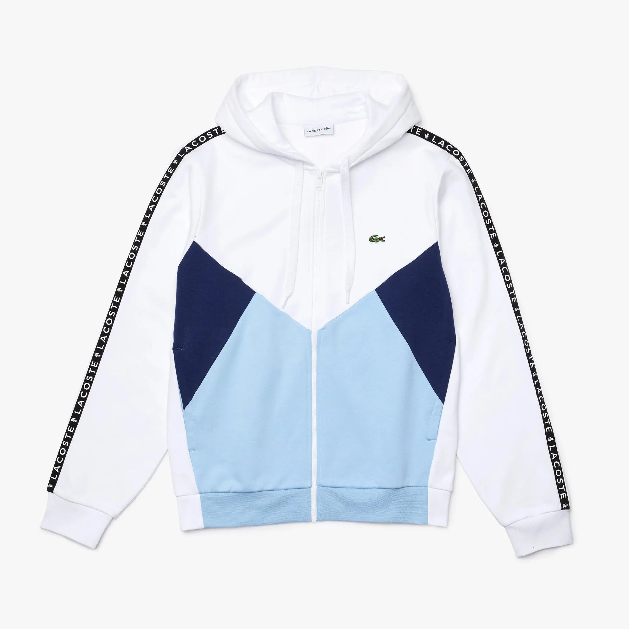 Men's Lacoste Colorblock Lettered Fleece Zip Hoodie White Blue