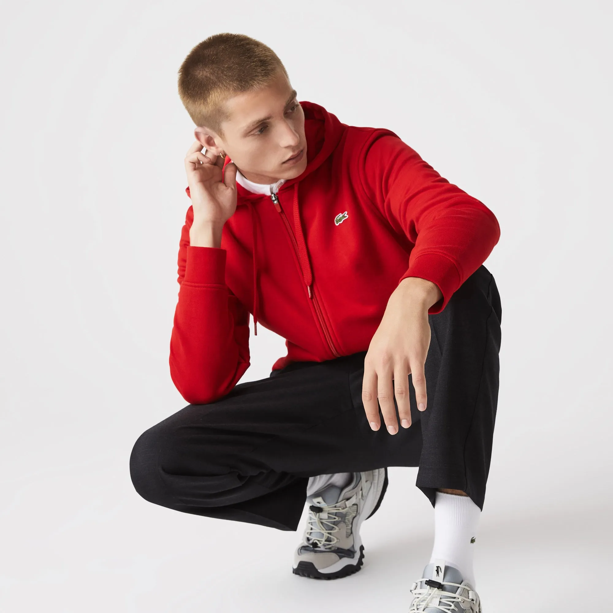 Men's Lacoste SPORT Lightweight Bi-material Hoodie Red