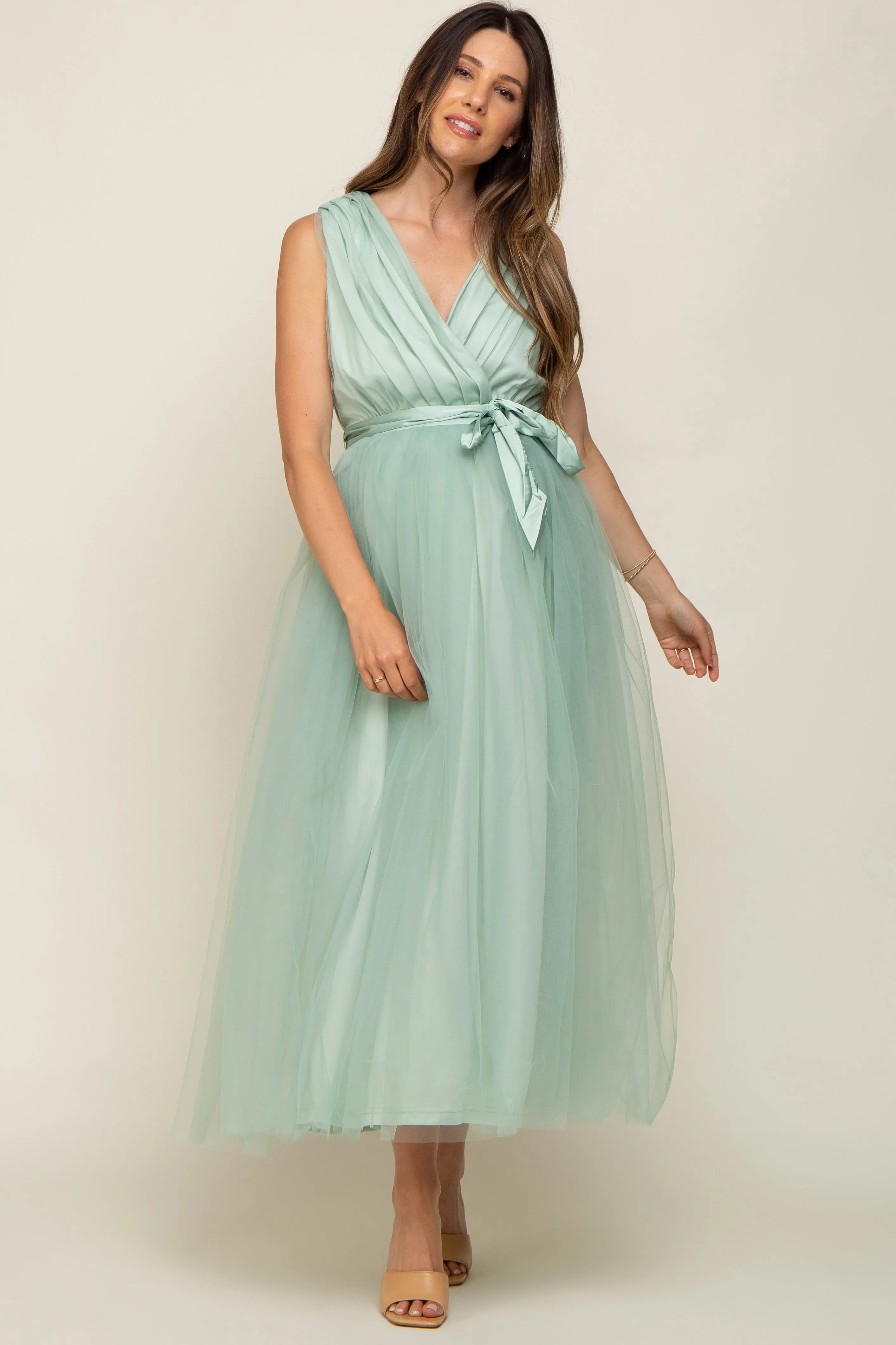 Mint Green Wrap V-Neck Waist Tie Tulle Maternity Midi Dress