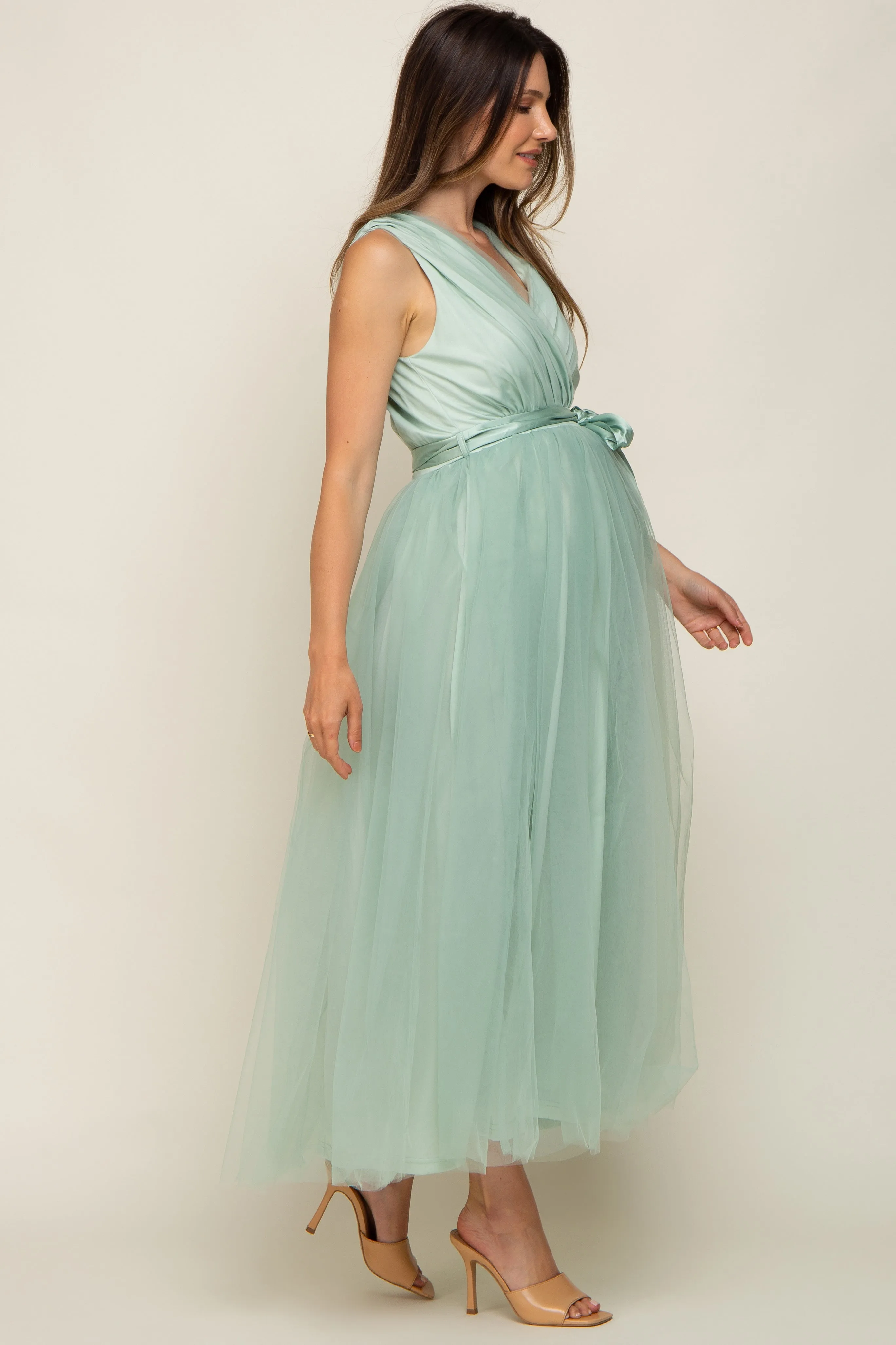 Mint Green Wrap V-Neck Waist Tie Tulle Maternity Midi Dress